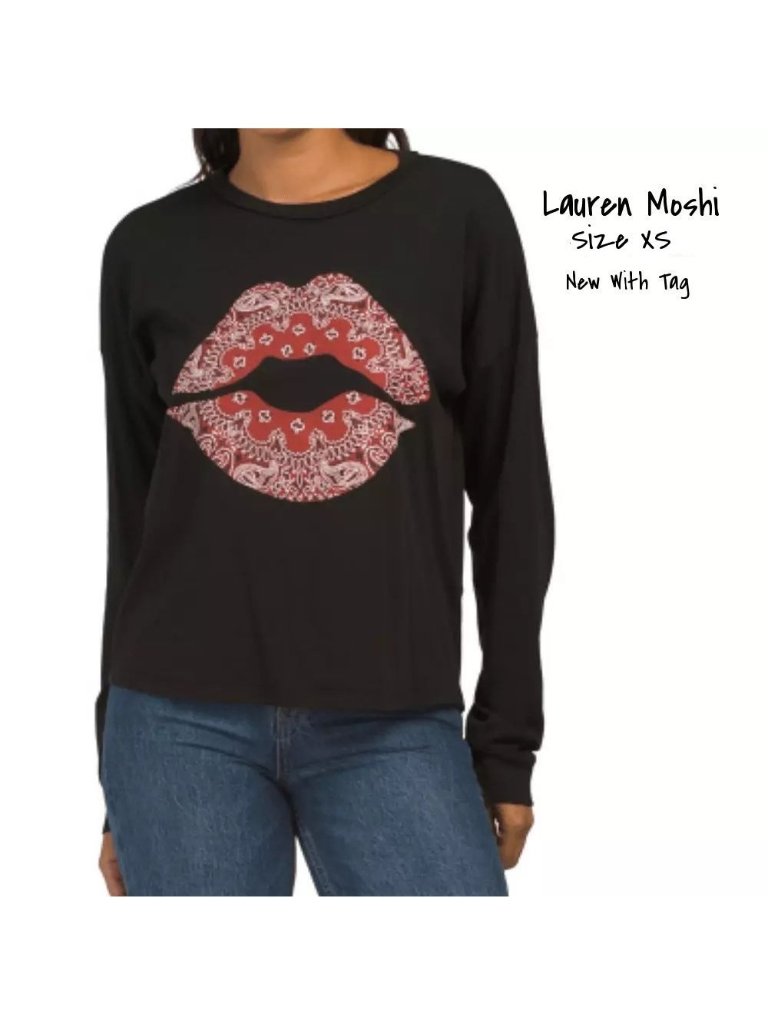 Lauren Moshi Luella Bandana Lip Long Sleeve T-Shirt - Black, Size Xs New